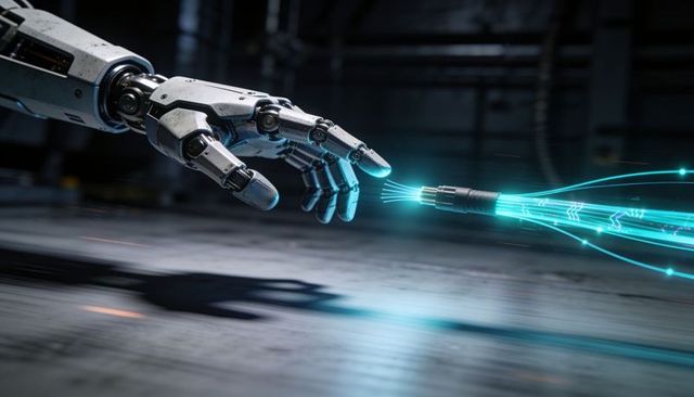 Robotic hand reaching for fiber-optic cable with cyan light trails and futuristic glow