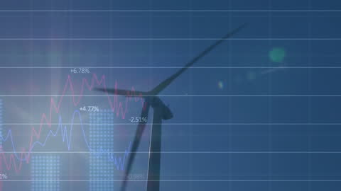 Financial Data Overlay on Wind Turbine with Economic Growth Graphics