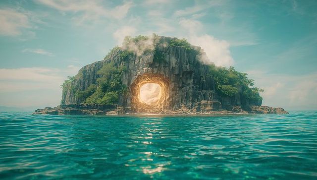 Mysterious Island with Glowing Cave in Turquoise Waters