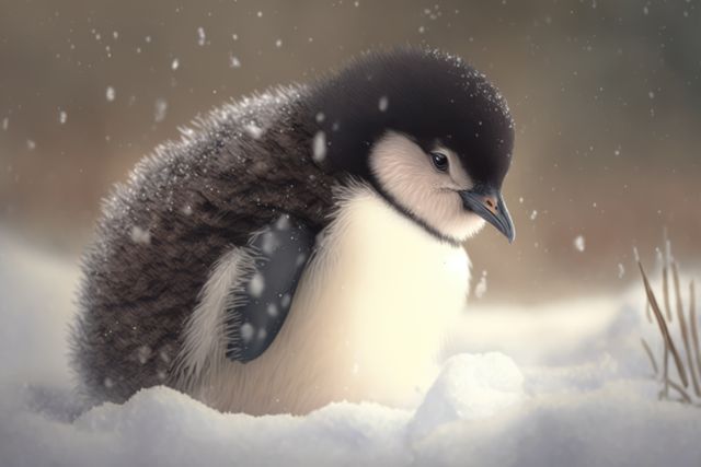 Baby penguin enjoying a serene and snowy landscape, its fluffy feathers providing warmth. Ideal for use in wildlife documentaries, nature-related websites, and winter-themed children’s books to emphasize cuteness and natural beauty.