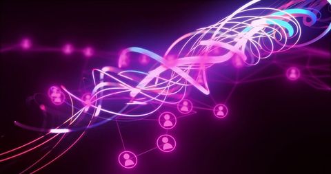 Neon light trails with digital media icons illuminating technology theme