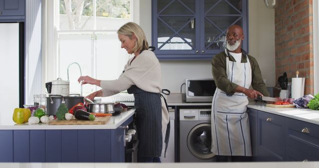 Happy senior diverse couple in kitchen wearing aprons, cooking together. healthy, active retirement lifestyle at home.