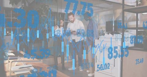 Team collaborating on ar data visualization in modern open office with tablet and printer