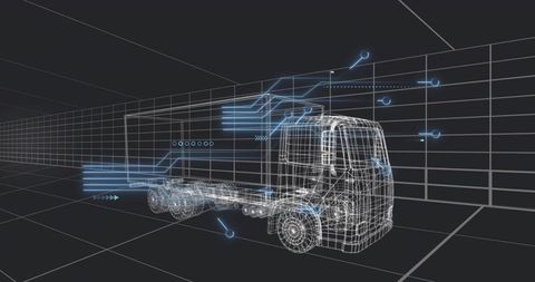 Wireframe Truck Telematics Visualization with Holographic Neon Data Streams in 3D Grid