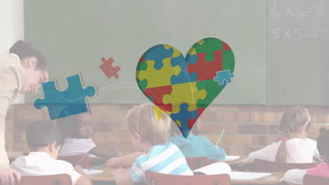 Autism Awareness Puzzle Heart with Diverse Classroom Setting