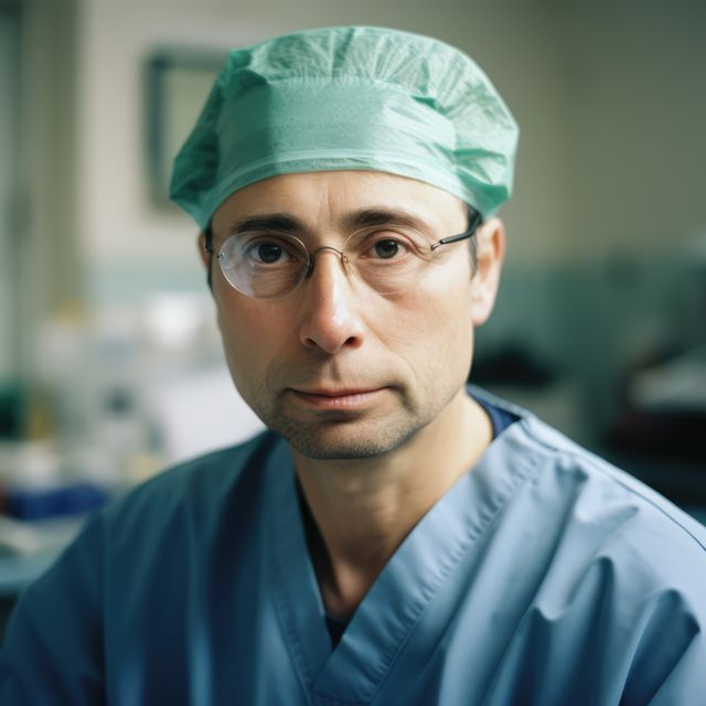 Happy caucasian male surgeon with glasses in patient room, created using generative ai technology. Medicine, healthcare, digitally generated image.