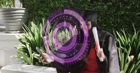 Graduate Checking Smartphone While Holding Diploma with Futuristic Purple HUD