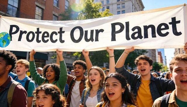 Youth climate march holding protect our planet banner on city street chanting for change