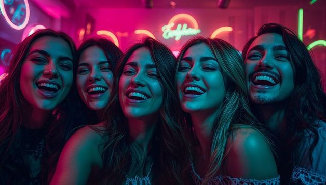 Friends enjoying nightlife fun in neon glow