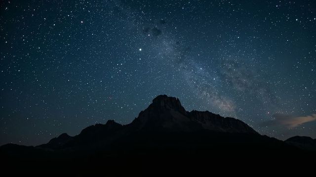 Mountain peak silhouetting star-filled sky with milky way over alpine ridge