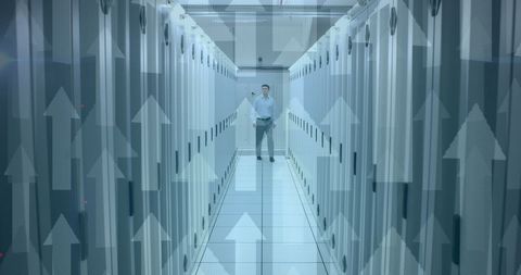 Businessman in Server Room with Digital Growth Arrows - Download Free Stock Images Pikwizard.com