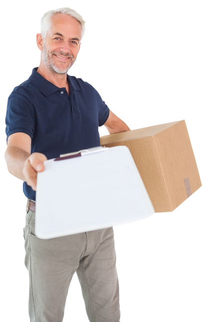 Happy Delivery Man Offering Box and Clipboard Transparent Background - Download Free Stock Videos Pikwizard.com