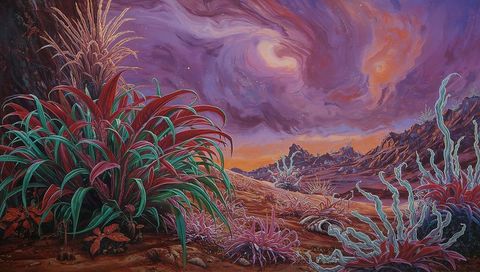 Surreal alien landscape with red-and-teal flora and swirling lavender vortex sky painterly