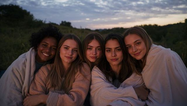 Five friends cuddling in cozy blankets on meadow at dusk smiling and sharing warm moment