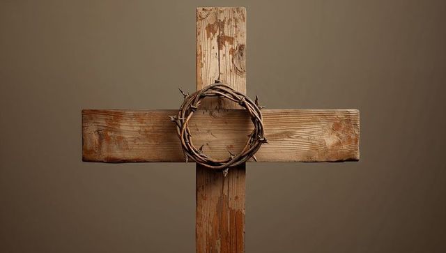 Weathered Wooden Cross with Crown of Thorns for Spiritual Reflection