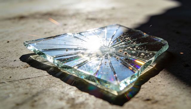 Glinting broken glass shard with radial cracks and prism rainbows on sunlit concrete macro