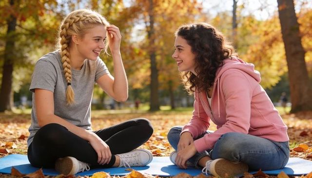 Teen friends chatting on yoga mat in autumn park, laughing and relaxing outdoors