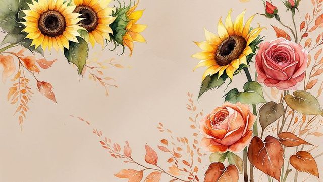 Watercolor Bouquet with Sunflowers and Roses on Paper