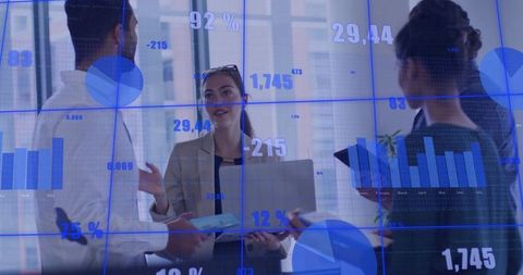 Presenting businesswoman leading team collaboration over interactive digital analytics dashboard