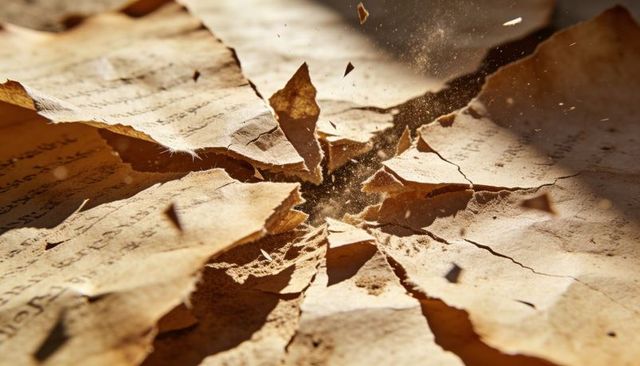 Torn parchment radiating radial fracture on workbench with suspended dust macro texture