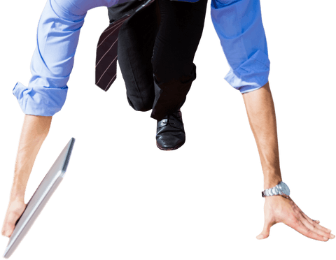Businessman kneeling holding laptop on transparent background