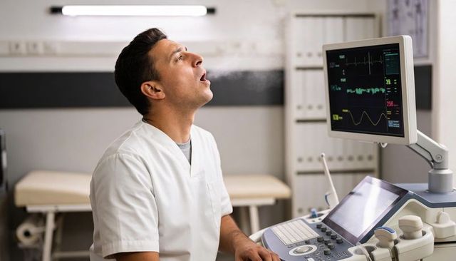 Clinical sonographer operating ultrasound console while exhaling near cardiac monitor