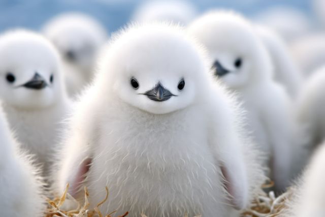 Adorable group of fluffy baby penguins standing close together. Ideal for themes of wildlife conservation, childhood innocence, nature documentaries, animal blogs, and educational purposes focusing on arctic wildlife and bird species.