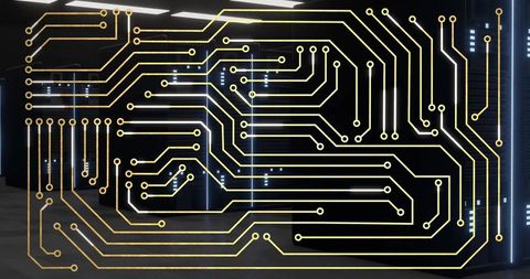 Futuristic gold circuitry overlay on server racks in data center