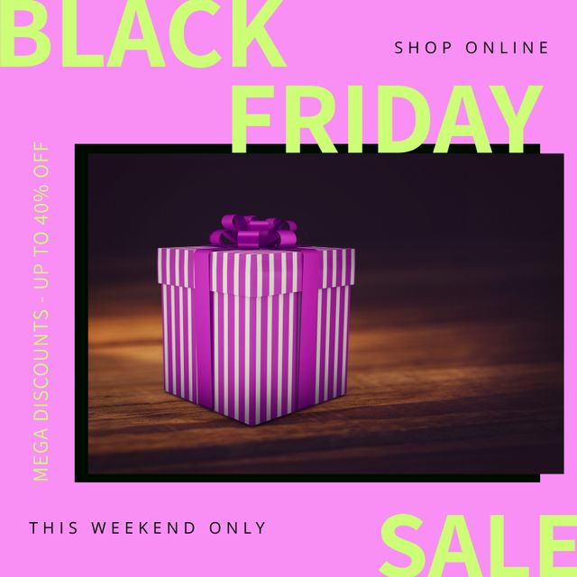 Image of a Black Friday sale advertisement featuring a gift box wrapped in pink ribbons. Ideal for promoting Black Friday sales, holiday retail events, online shopping deals, and discount offers during the holiday season. This image can be used by online retailers, marketing agencies, and sales campaigns to attract customers to special weekend deals.