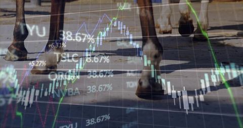 Galloping horse hooves overlaid with candlestick charts conveying market volatility