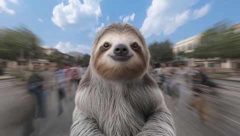 Smiling three-toed sloth taking city selfie with motion-blurred pedestrians