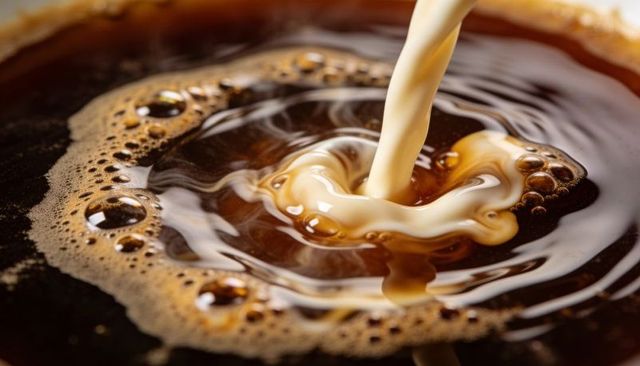 Pouring cream creating marbled swirl in black coffee closeup macro with foam bubbles