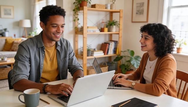 Young couple working from home smiling and typing on laptops at cozy sunlit dining table