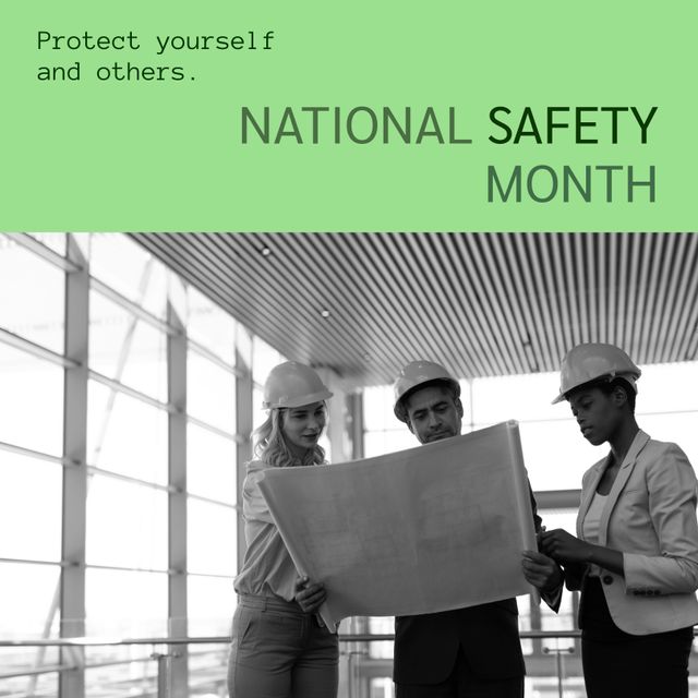 Diverse Engineers Discussing Blueprint for National Safety Month - Download Free Stock Templates Pikwizard.com