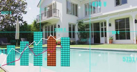 Modern two-story suburban house with pool and balcony overlaid with real estate analytics