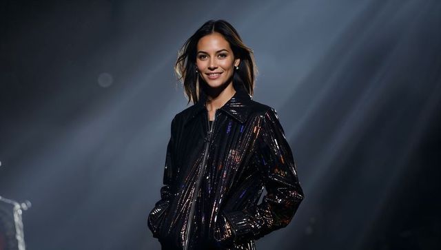 Smiling model posing on runway in glossy black zip-up jacket under dramatic spotlights