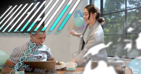 Colleagues sharing cupcake during office celebration while collaborating with ar overlays