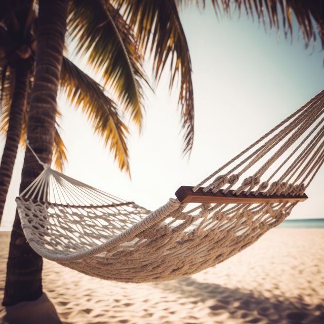 Wicker hammock on beach with palm trees, created using generative ai technology. Vacation at the beach in a wicker hammock concept digitally generated image.