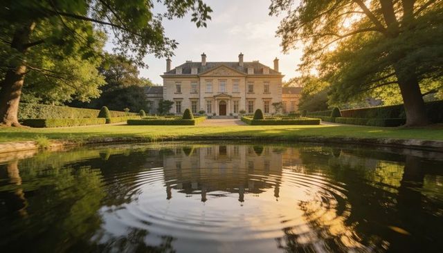 Sunlit georgian manor reflecting in pond with formal topiary gardens