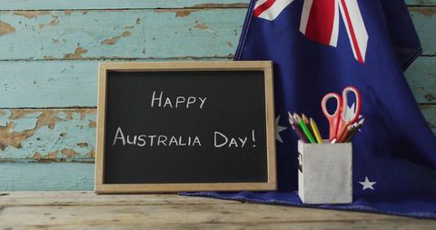 Australia Day Celebration Chalkboard with Flag and School Supplies - Download Free Stock Images Pikwizard.com