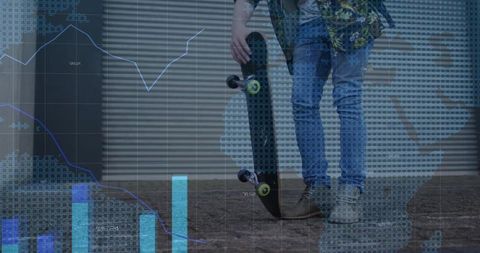 Standing skater holding skateboard with digital data overlay and urban analytics