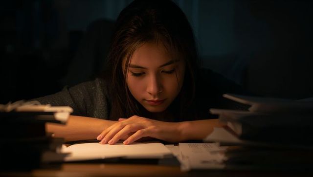 Late night studying woman leaning over desk, warm lamp light and focused expression