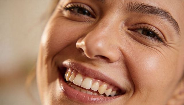 Smiling adult woman showing natural teeth and radiant skin closeup beauty portrait