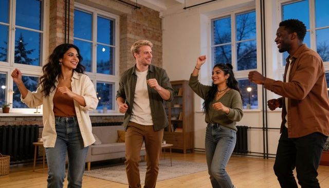 Dancing friends celebrating casual night in cozy modern loft living room, joyful young adults