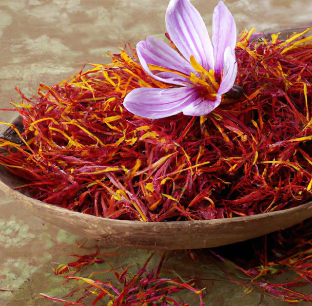Close up of saffron with flower created using generative ai technology. Nature, seasoning and flavour concept, digitally generated image.