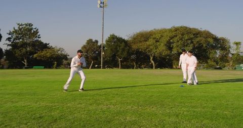 Cricket Fielders Practicing Catching Drill on Green Outfield Daylight Training Session