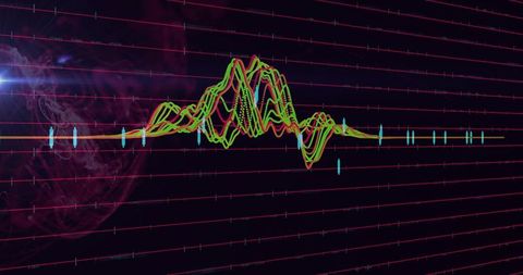Abstract neon waveforms on digital grid layout