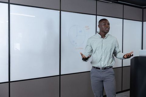 Professional presenting ideas during meeting in modern office room