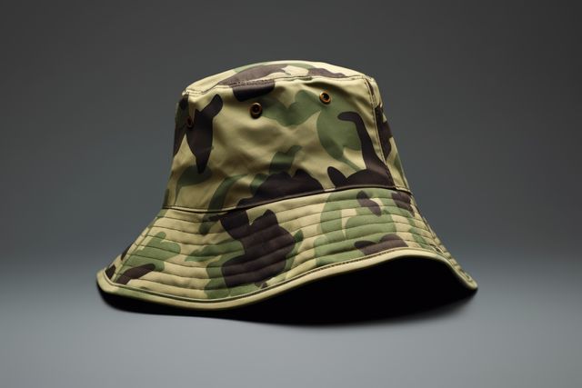 Camouflage bucket hat displayed against gray background provides versatile accessory for casual and outdoor outfits. Suitable for fashion articles, military-themed projects, and adventure gear promotions.
