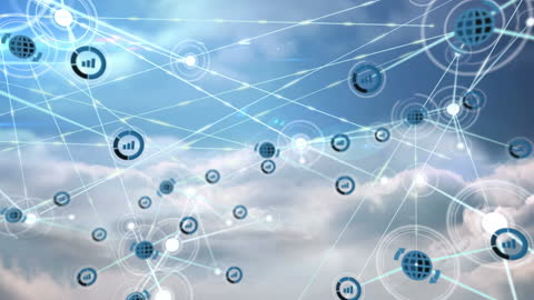 Visualizing advancements in technology, this abstract network interface depicts digital data connections above clouds, emphasizing connectivity and virtual communication abound globally. Ideal for use in presentations, advertisements, or educational material focusing on futuristic ideas or cloud computing advances.